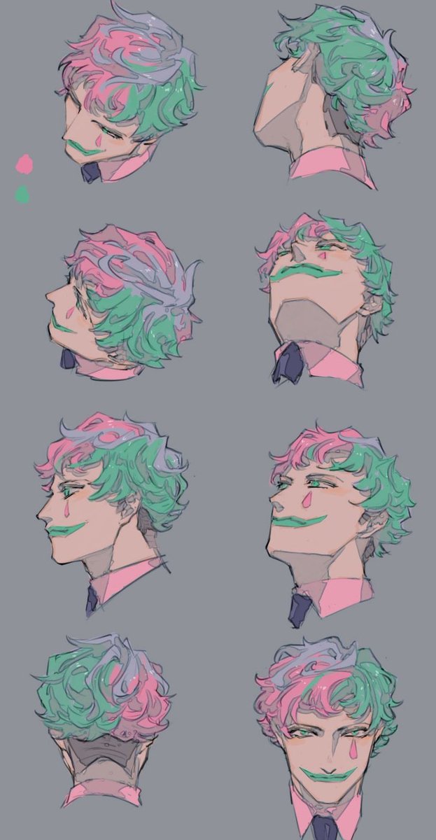 green lips 1boy green hair makeup male focus pink hair grey background  illustration images