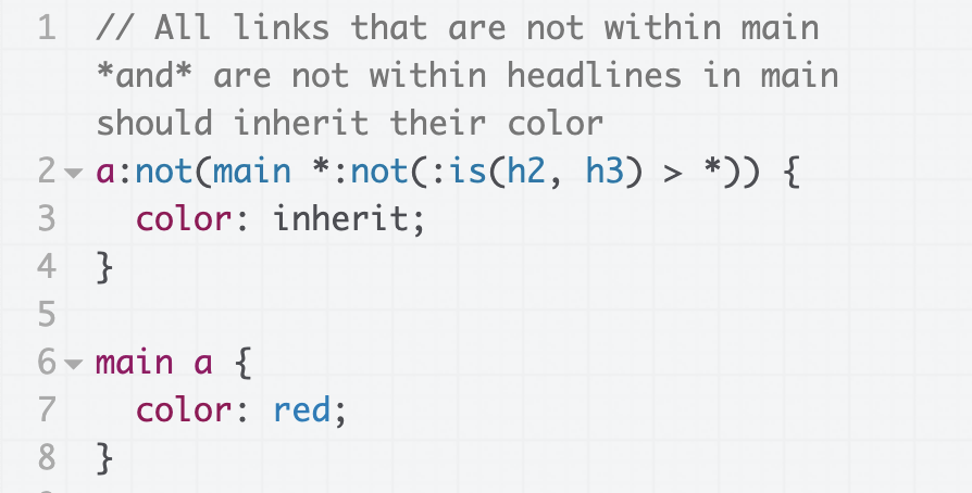 5t3ph's tweet photo. 🟣 CSS Quick Tip

Enhanced `:not()` can take a selector list, and refer to the base selector with `*`

You can demo the following snippet in this @CodePen 
https://t.co/9NkNSuJeNS https://t.co/HgG0Fs0xqd