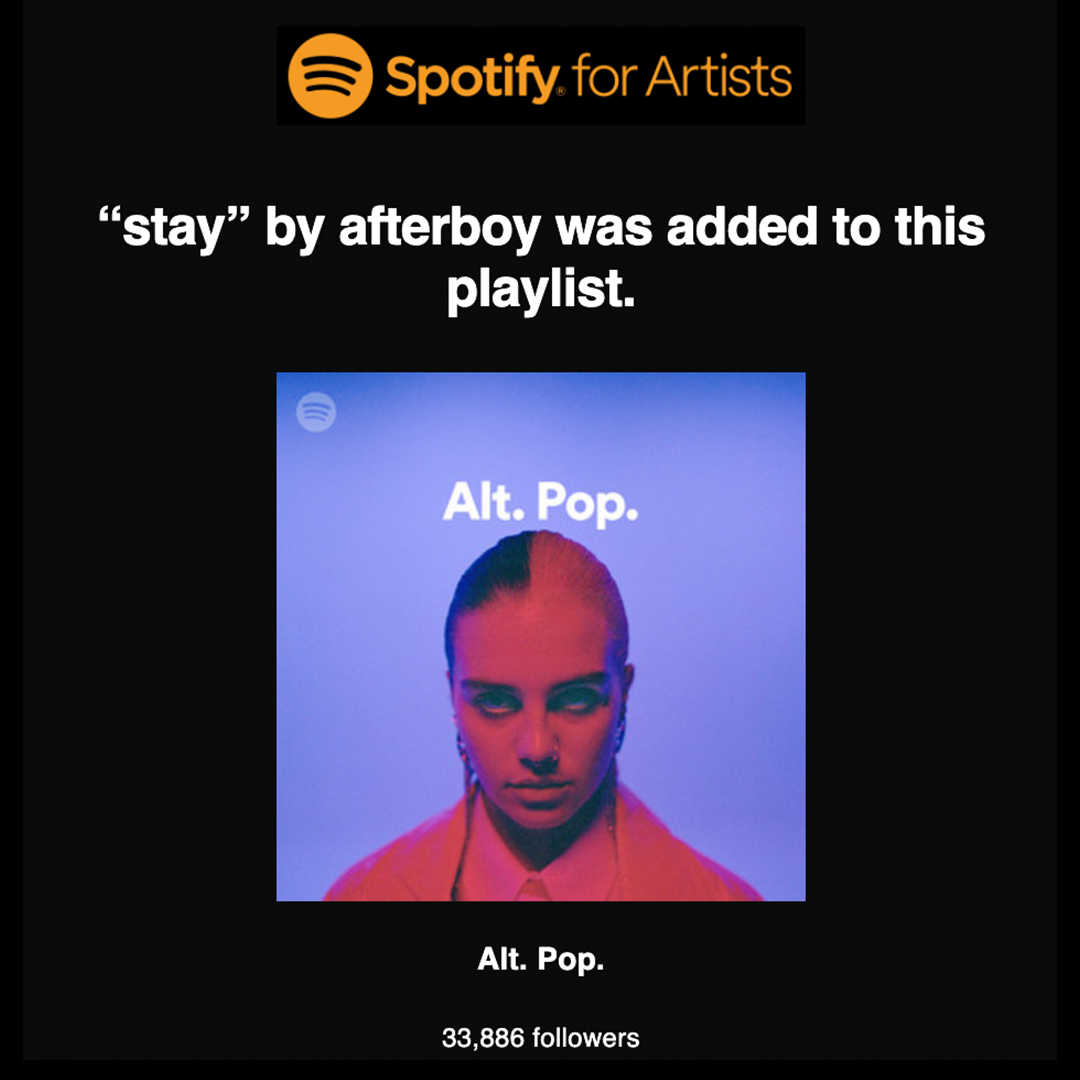 ALT POP BOY 😈😈😈😈 “stay” was just added to a @spotify editorial playlist “Alt. Pop”. honesty this means the world to me. i have 2 songs rn on 2 diff handpicked editorial playlists. wtf is going on???? 😭🤯