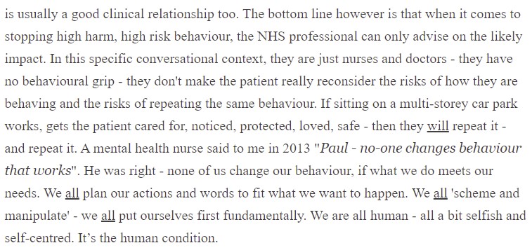 SIM asks people, often women with ‘personality disorder’ diagnoses, to “take responsibility” for distress to reduce engagement with services. Material suggests that many who attempt suicide are not genuinely suicidal – stigmatising and actively dangerous.