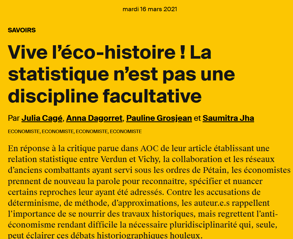 2. Les précédents textes de cette controverse, née d’une recherche selon nous fausse, étaient sur  @AOC_media, mais nous voulons désormais la diffuser sans abonnement ni restriction: merci à  @devhist d’accueillir ce texte de réponse à  @saumjha  @CageJulia P. Grosjean et A. Dagorret