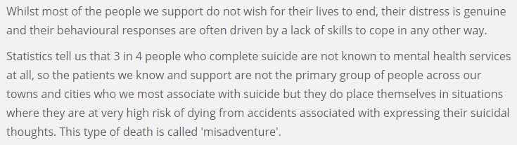 SIM asks people, often women with ‘personality disorder’ diagnoses, to “take responsibility” for distress to reduce engagement with services. Material suggests that many who attempt suicide are not genuinely suicidal – stigmatising and actively dangerous.