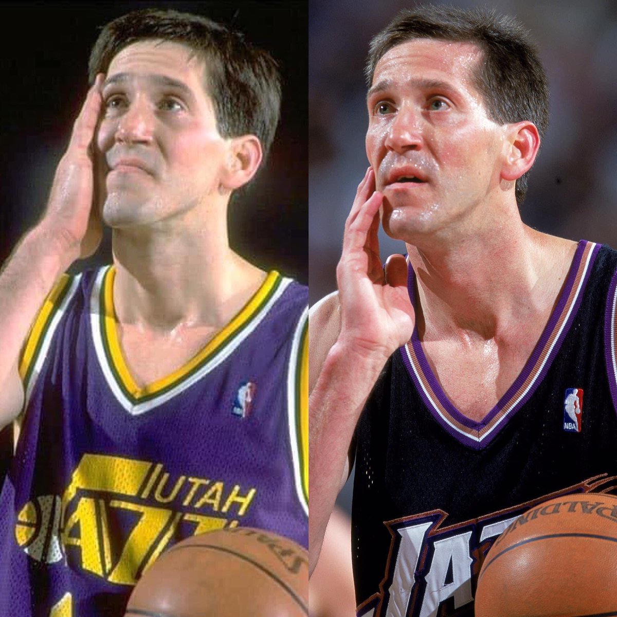 Jeff Hornacek, escolta integrante de los Utah Jazz (1994-2000), solía  frotarse el costado derecho de su cara cada vez que iba a la línea del tiro  libre. Era una forma de saludar, image size:1200x1200