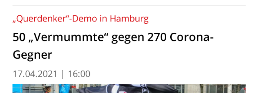 Hallo <a href="/mopo/">Hamburger Morgenpost</a>, hallo <a href="/focusonline/">FOCUS online</a>,
wer oder was sind "Corona-Gegner"? Und seit wann gelten medizinische Masken als Vermummung?
LG
#hh1704 #coronawatchHH #nonazisHH