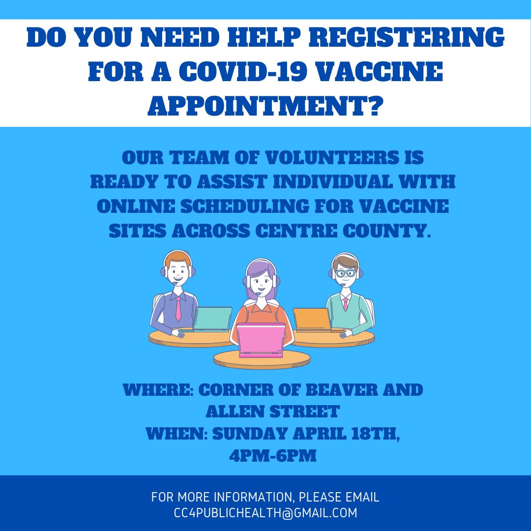 Kn95Project's tweet image. TODAY: Drop by the corner of Beaver and Allen to talk to our volunteers about COVID-19 vaccine registration. Our team will be at the corner between 4 and 6 to help anyone book appointments and answer questions about available facilities in Centre County. SPREAD THE WORD