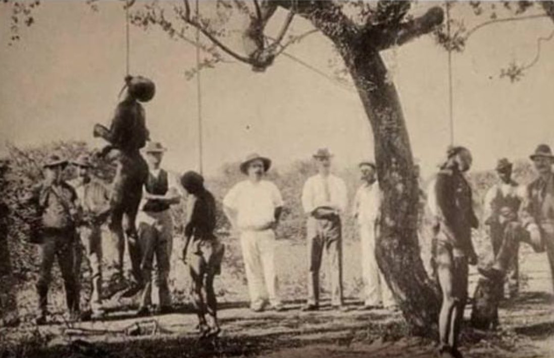 This is how land was acquired in Zimbabwe.This is the photo of British colonialist hanging Africans in 1890s Bulawayo , Zimbabwe. The photo was so prized by a British officer in ‘Rhodesia’ Robert Baden-Powell, founder of the ‘Boy Scouts, and ‘Girl Guides’. #ZimbabweAt41 #ZIM41