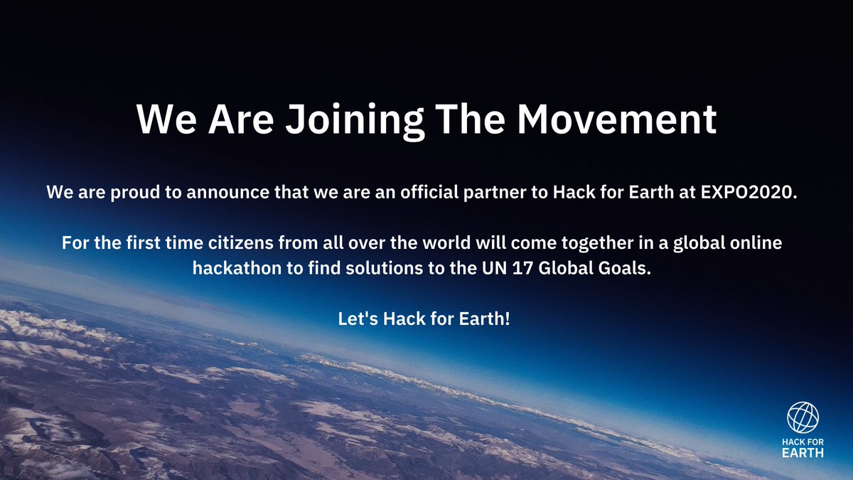 ***** 𝐏𝐚𝐫𝐭𝐧𝐞𝐫𝐬𝐡𝐢𝐩 𝐀𝐥𝐞𝐫𝐭 *****

We are official partners to the #hackforearth competition that will be held at #expo2020dubai. The hackathon will be connecting the people of the world in creating real solutions to the UN 17 SDGs.  [1/2]

 #expo2020 #hackerstribe