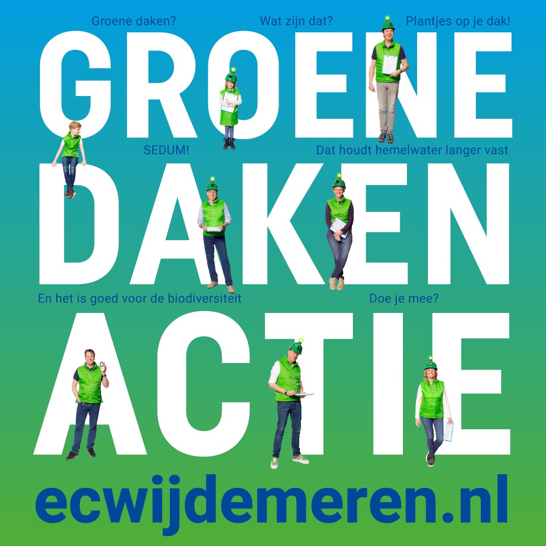 Aanstaande dinsdagavond 20 april 20-21uur webinar over groene daken. Een groen dak houdt regenwater vast, zuivert de lucht, stimuleert biodiversiteit, isoleert en is ook nog mooi om te zien. Meld je aan via ecwijdemeren.nl/groene-sedum-d….