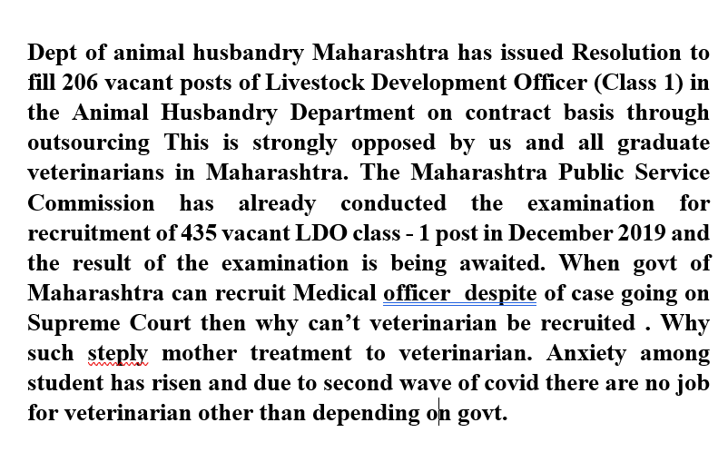 akshaychavan4's tweet photo. Dept of animal husbandry Maharashtra has issued Resolution to fill 206 vacant posts of Livestock Development Officer (Class 1) in the Animal Husbandry Dept on contract basis through outsourcing . This is strongly opposed by us and all graduate veterinarians in Maharashtra. https://t.co/9kpHn5Mkjv