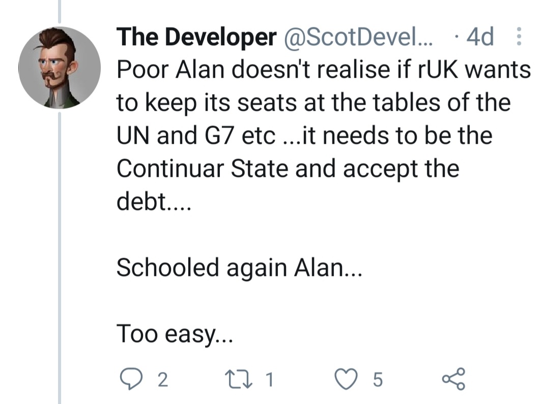 A_Atkinson1962's tweet photo. @Sparky77600125 @ScotDeveloper @AndrewE31603880 @Collett26308984 @SandyAd74613271 @bellesareblue @IanDePendence @Waylanderstag @BAZ__17 @Phil7521 @ollyp3 @tweetsweetheat @2351onthelist @Cyprusjag1 @AndrewH42746433 @lisasgran1 @alextickell @William55gers @Jim1Jas @MoiraWetherell @spotrsole @TheTearex @JohnStuartWilso @07985Bill @standfree3 @MartinE09653897 @kub_richard @DarkSideoDunoon @CeaConsult @Unitedunderthe1 @wick1960 @PlagueDoc1329 @Soldieriain @PeskyScot @BertieThompso18 @RonJere24404501 @dave_g2112 @MarcMoriarty @GeordieGhirl88 @unclejohnCC @JustBob10 @LeRef5 @gordon_clarance @trollls2020 @gary_worden @MoDonaldson4 @Stummick @Artisans17 @ron_mould @eddie_straker I'm still waiting for his evidence that the UK would lose its UN permanent member seat and G7 place if it didn't take on scotlands debt ๐ค #doingales https://t.co/UFPQJuf2Jk