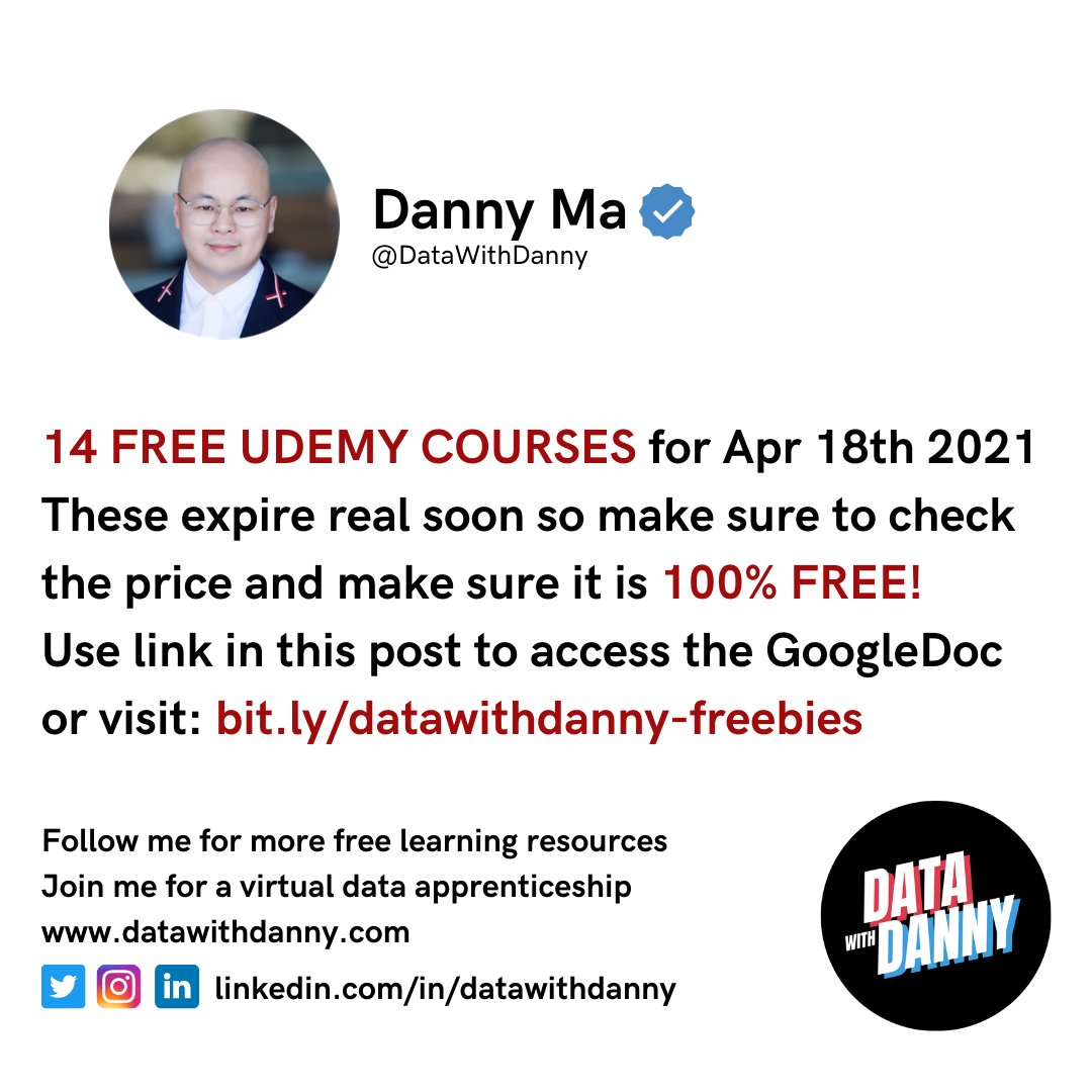 DataWithDanny's tweet image. Free Udemy courses spotted - get in quick before they disappear!
GoogleDoc link at: bit.ly/datawithdanny-…

#DataWithDanny #8WeekSQLChallenge