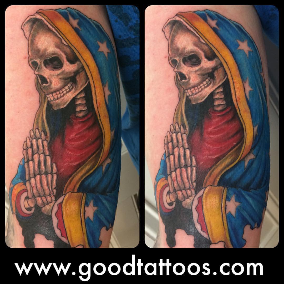 Virgin Mary skeleton done by  1603 Tattoo Collective  Facebook