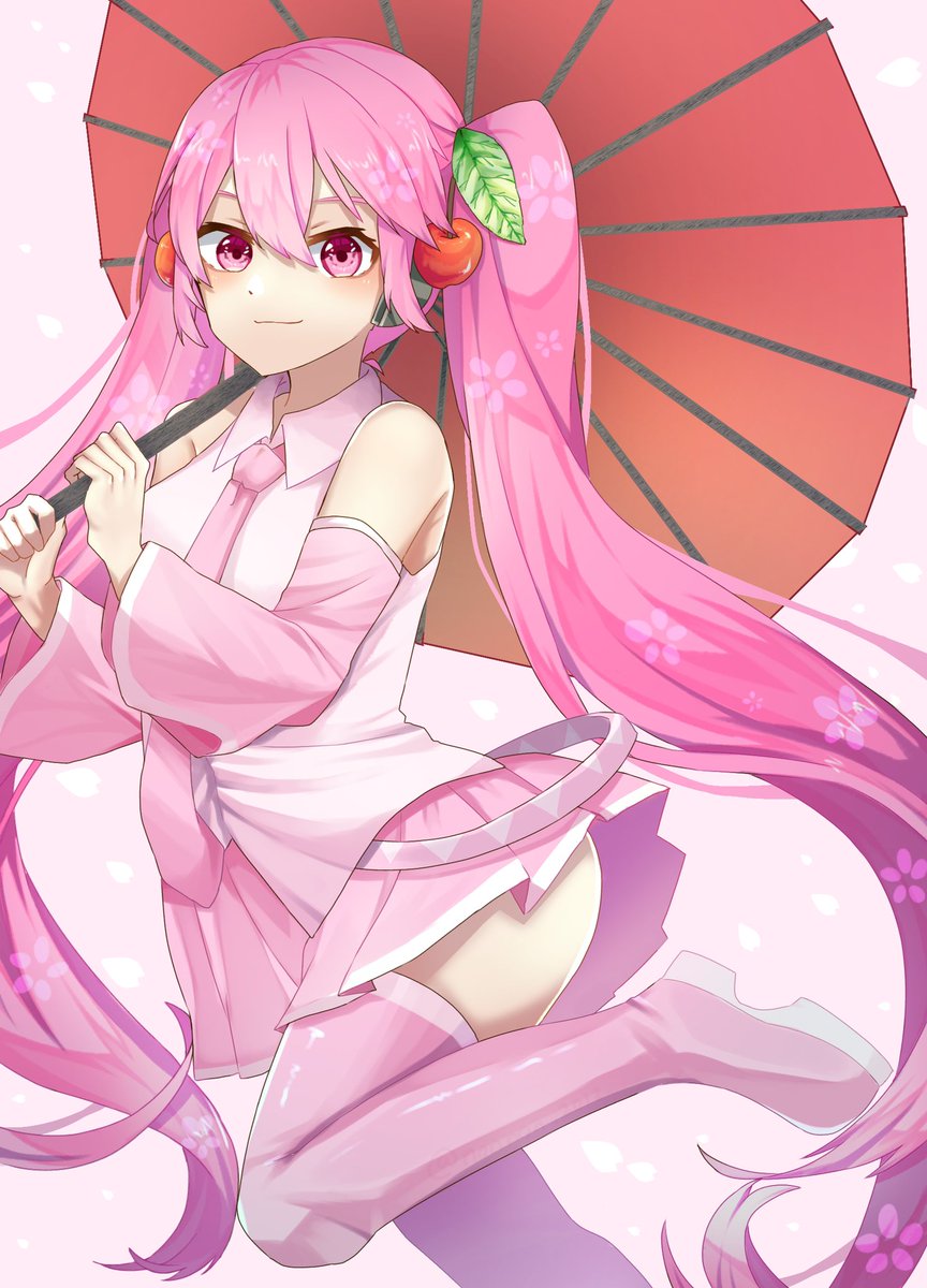 hatsune miku ,sakura miku 1girl solo skirt umbrella long hair pink hair shirt  illustration images