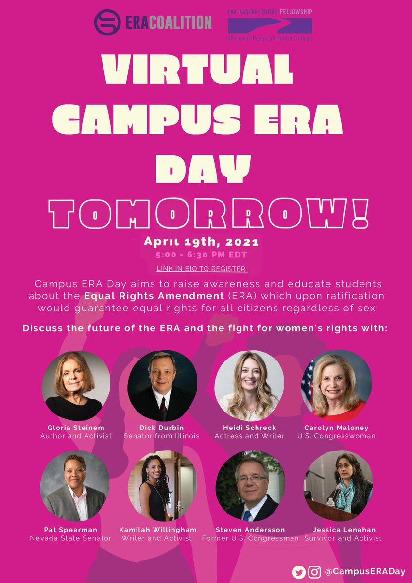 campuseraday's tweet image. ❤️ REGISTRATION LINK IN OUR BIO ❤️

See you tomorrow! Join us on April 19th, 2021 for the Fifth Annual Campus ERA Day as we raise awareness about the Equal Rights Amendment (ERA) which upon ratification would guarantee equal rights for all citizens regardless of sex.