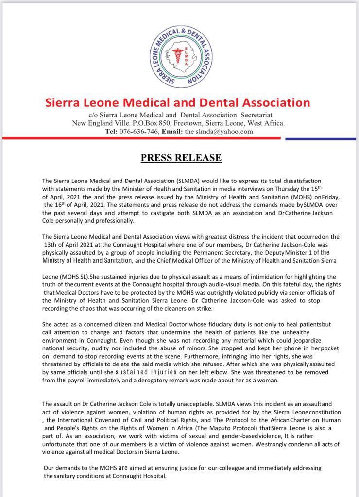 sandralako's tweet photo. Doctors in #SierraLeone are waiting for public apologies from the Ministry of Health officials who assaulted or stood by during the assault of Dr @jacksoncolec. 

Members of the #SLMDA, #SLMWA and #JUDASIL stand in solidarity with Dr Catherine Jackson Cole. 
@theslmda @judasil https://t.co/OHEcsPoTh3