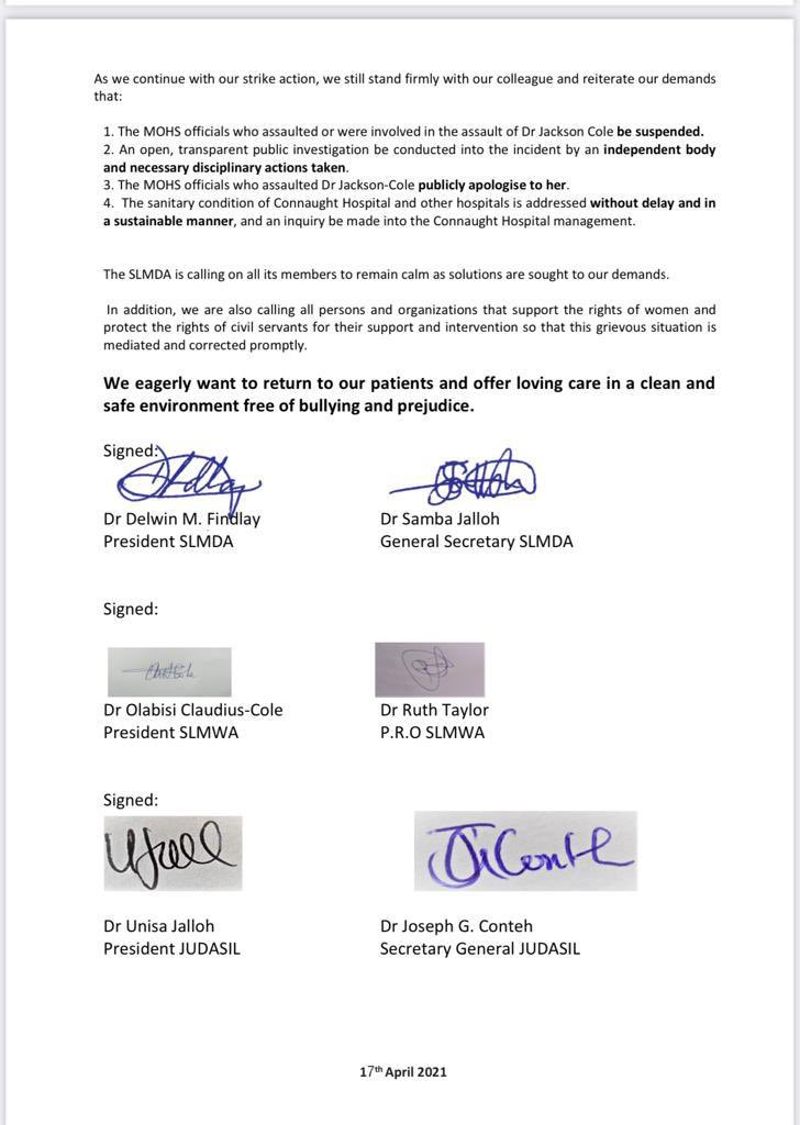 sandralako's tweet photo. Doctors in #SierraLeone are waiting for public apologies from the Ministry of Health officials who assaulted or stood by during the assault of Dr @jacksoncolec. 

Members of the #SLMDA, #SLMWA and #JUDASIL stand in solidarity with Dr Catherine Jackson Cole. 
@theslmda @judasil https://t.co/OHEcsPoTh3