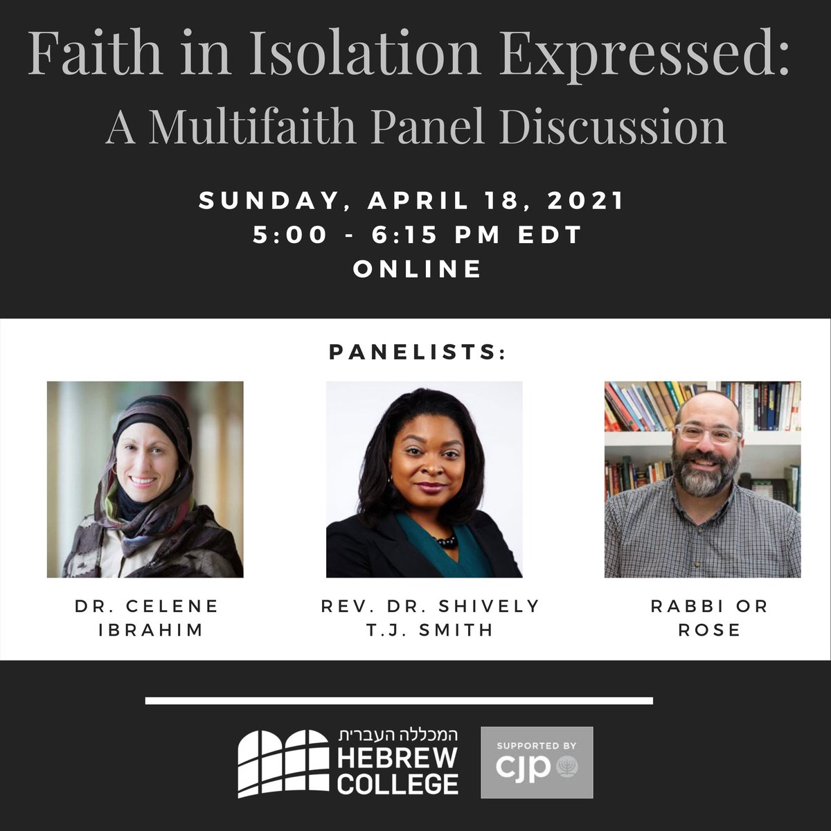 MillerCenterHC's tweet photo. Please join us TONIGHT at 5pm EDT for a multifaith panel discussion in response to new photo exhibit at 
@hebrewcollege: “Faith in Isolation Expressed.” 

More info &amp; register here: https://t.co/9YG6gC6FG5  
@CJPBoston @BUTheology #interreligious #interfaith https://t.co/HFArPAFG0a