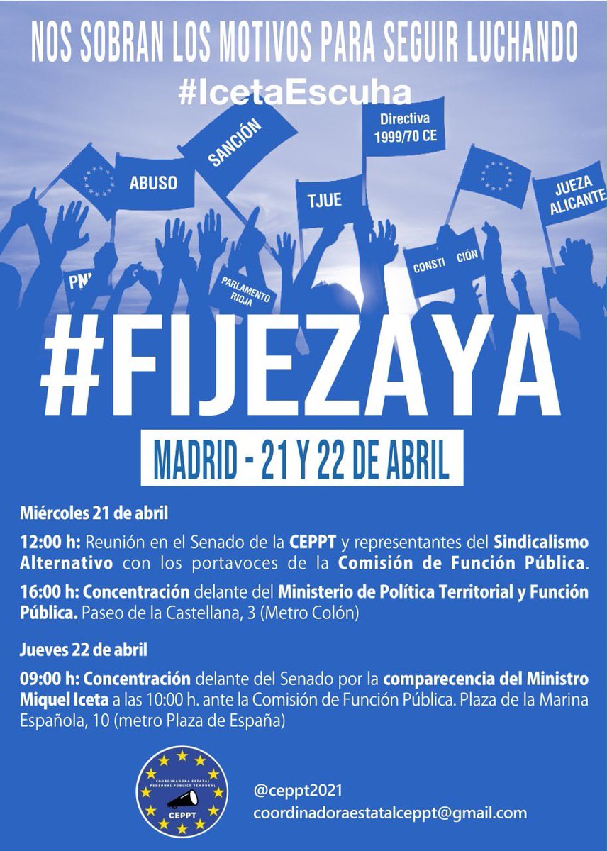 ceppt2021's tweet photo. 🧨🧨🧨📢📢📢📢🧨🧨🧨 

👉🏻 Las acciones de los días 21 y 22 de abril en Madrid tendrán un HASHTAG ESPECIAL para la ocasión 

#IcetaEscucha

👉🏻Utilízalos junto con los habituales!!

#FijezaYa 
#FijezaYaEsConstitucional https://t.co/0r3RGVzMnP