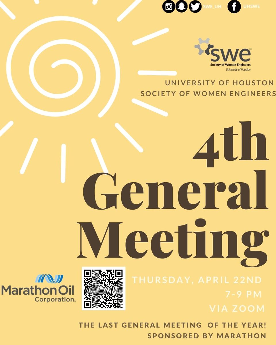 SWE_UH's tweet image. Come out to our 4th and last General Body Meeting of the year, learn about our sponsor Marathon, and meet the new core officers for the 2021-2022 school year. 

Register to attend at the link in our bio!

#gocoogs #uhengineering #cullenengineering #SWEUH #swe #femaleinstem