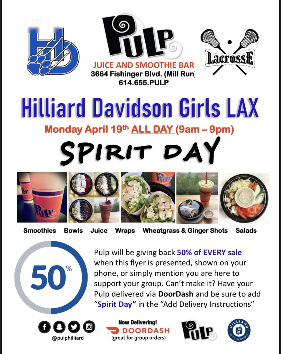 Come support the the Davidson Girls Lax Program by getting PULP this Monday (4/19)!  Show them this add, and a portion of every sale will go to our team. Thank you!