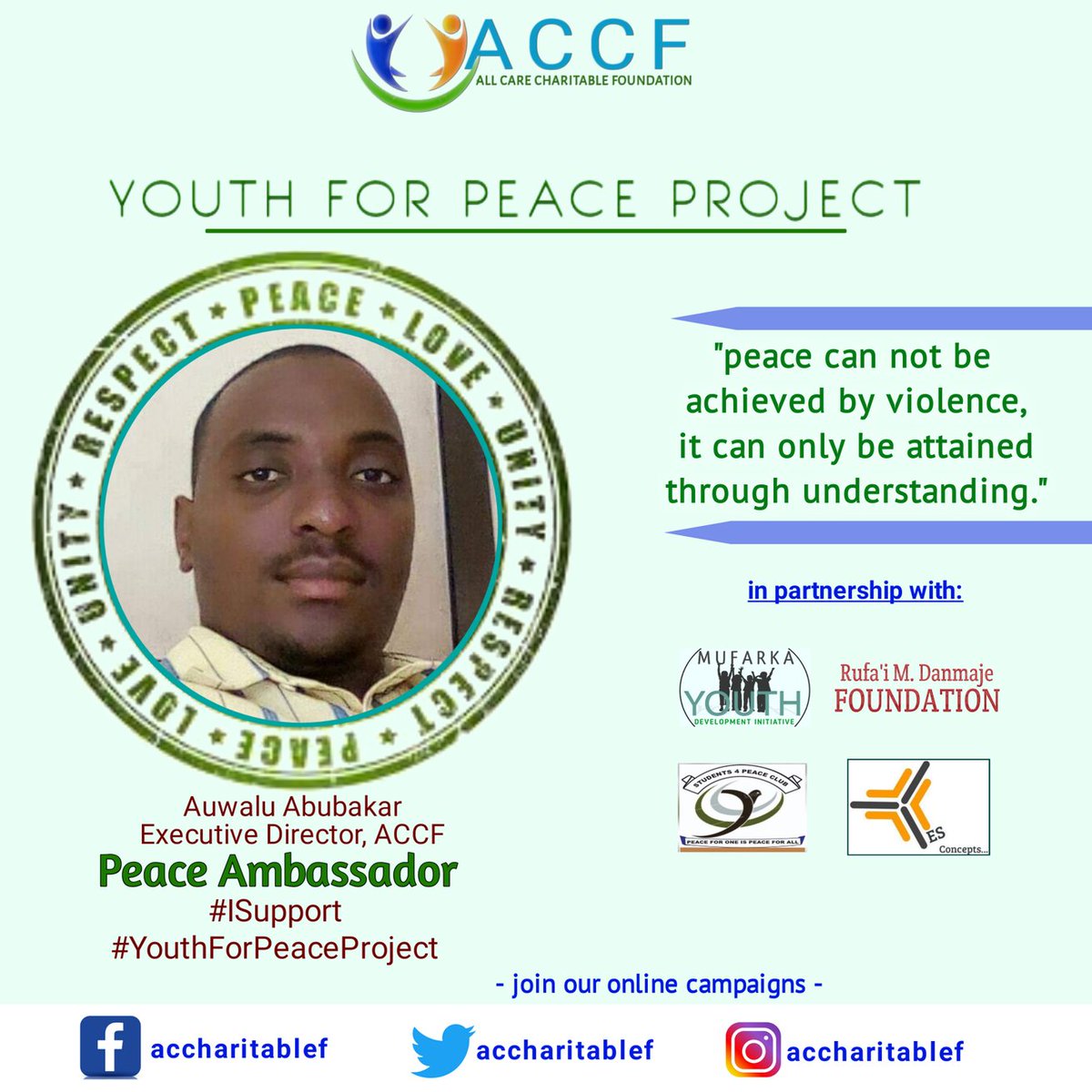 accharitablef's tweet image. YOUTH FOR PEACE PROJECT we initiate this to collaborate, partner and engage organizations and youths groups to sensitize and create awareness on Peace Promotion and Social Justice. Youth are Call to action!
@SDG_2030 @UN4Youth @fundforpeace @YAPD4Africa @ConnectPeaceIn @USIP