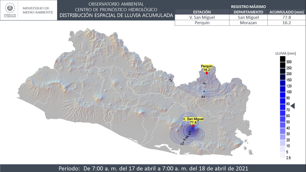 📌#ElObservatorioInforma Mapa de distribución espacial de lluvia registrada desde las 7:00 a. m.  del 17 de abril hasta las 7:00 a. m.  del 18 de abril de 2021.