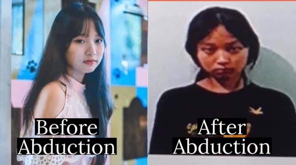 YongLay6's tweet photo. 1st photo: Ma Khin Nyein Thu
2nd photo: Ma Hsu Lin Htet. 
Both were abducted from Yankin, Yangon just less than 24 hrs ago. They were brutally tortured by Terrorists (#Myanmar security forces). After Abduction' photos were seen in SAC-controlled media at 8pm today.18 April 2021. https://t.co/P8Oe84eTfM