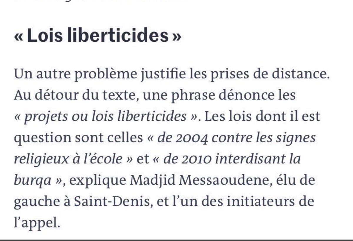 19/n Cet appel a fait scandale car il a été signé par des islamistes, il ne condamne pas le terrorisme mais dénonce des «lois liberticides» contre les musulmans (à savoir la loi de 2004 encadrant le port de signes religieux à l’école et la loi de 2010 interdisant la burqa).