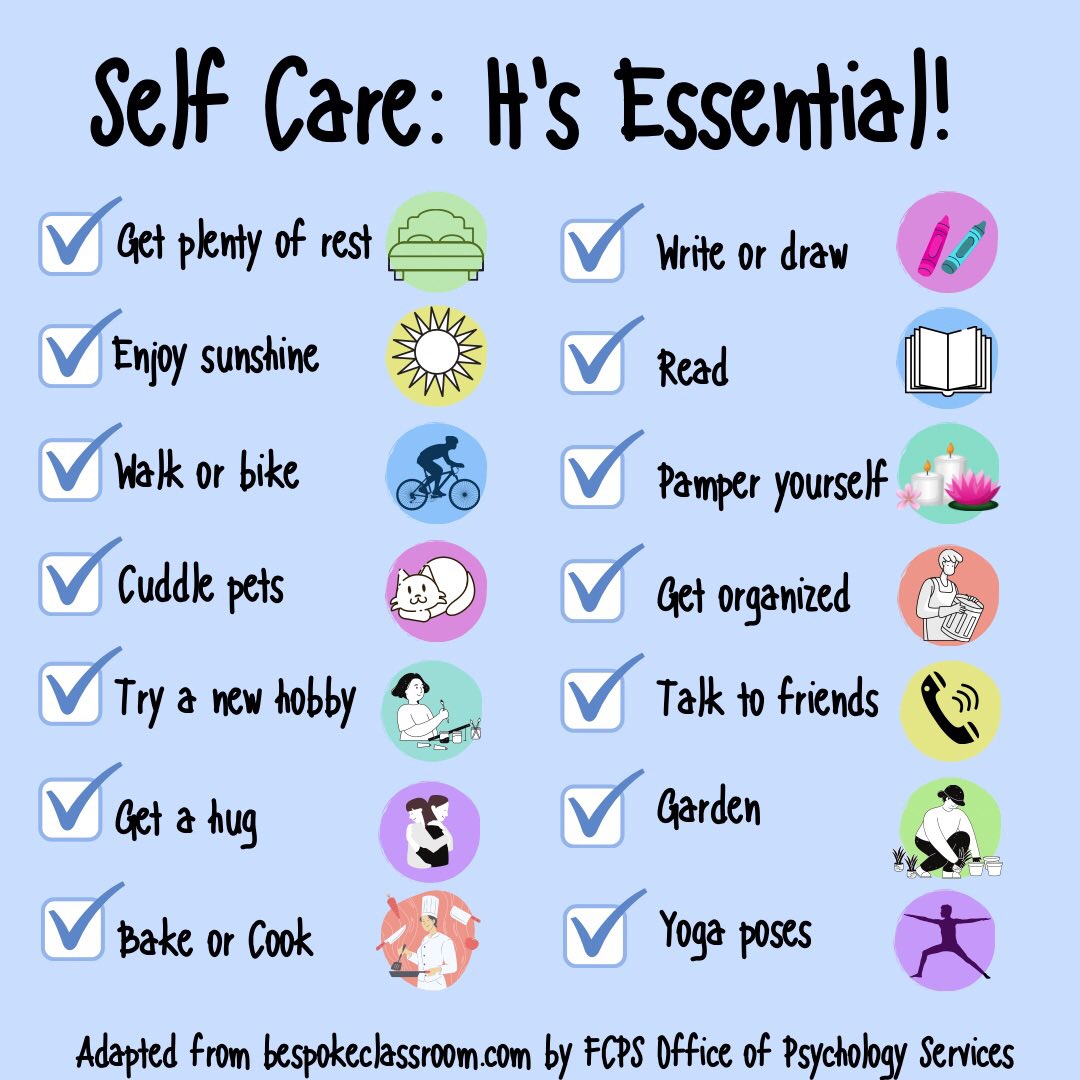 #tipfortoday for #SelfCareSunday! Self-care is unique to each person, but it is essential for everyone! Self-care is about being proactive and adding things you enjoy in your daily routine. What do you do for self-care? #Mentalhealth <a href="/fcpsnews/">Fairfax Schools 🌟</a>