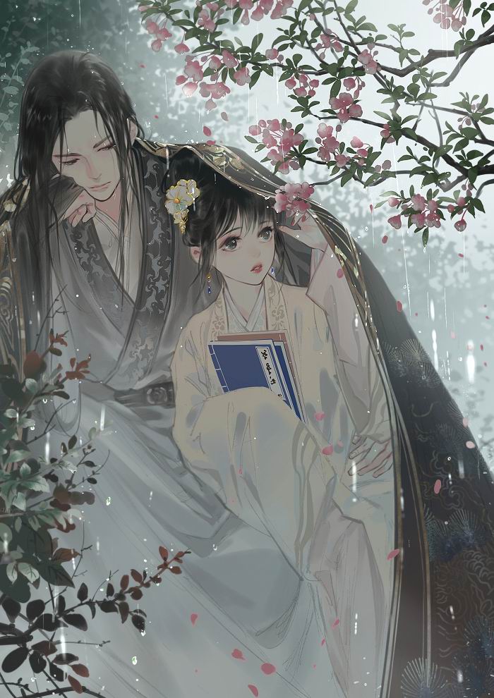 1girl 1boy black hair flower hanfu holding book  illustration images