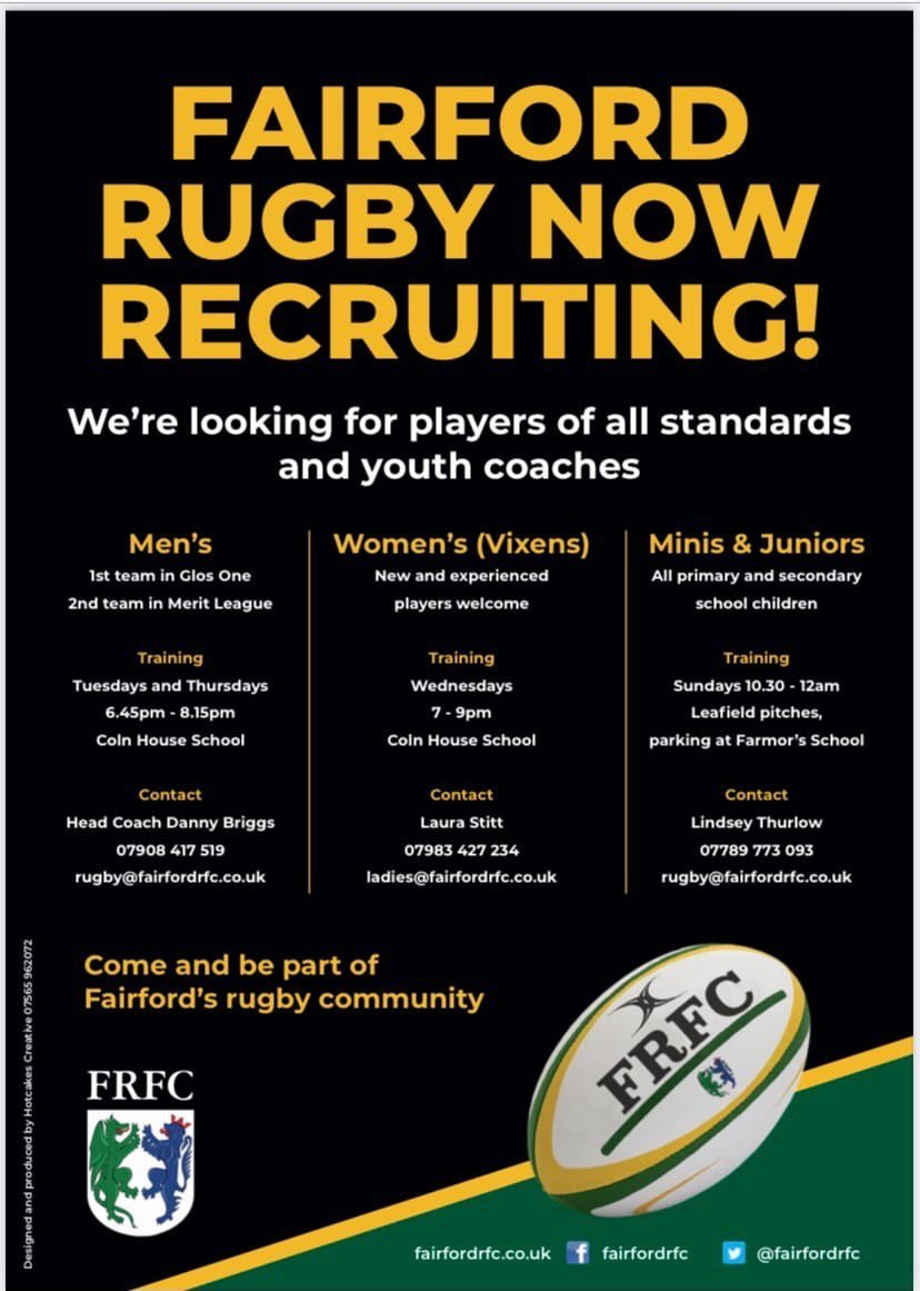 .<a href="/FairfordRFC/">Fairford RFC</a> are looking for new players to join them for the next season...

In the Gloucestershire area &amp; looking to give Rugby a try?

Get Involved!!