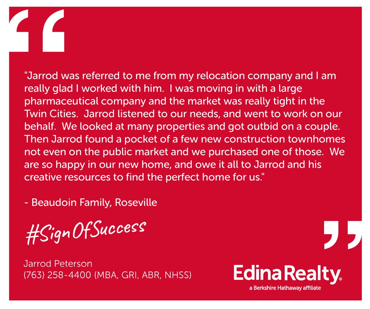jarrodpeterson's tweet image. Thank you for the kind words!  It was our pleasure to work with you and find you that non-market townhome!  Who you work with matters in every market condition!  #AskJarrodHeKnows #signofsuccess @Edina_Realty @EdinaRealtyMG @Ancona_Title