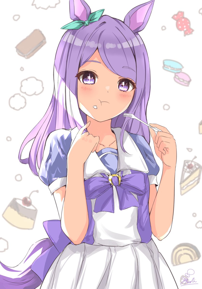 mejiro mcqueen (umamusume) 1girl horse ears solo animal ears food tail long hair  illustration images