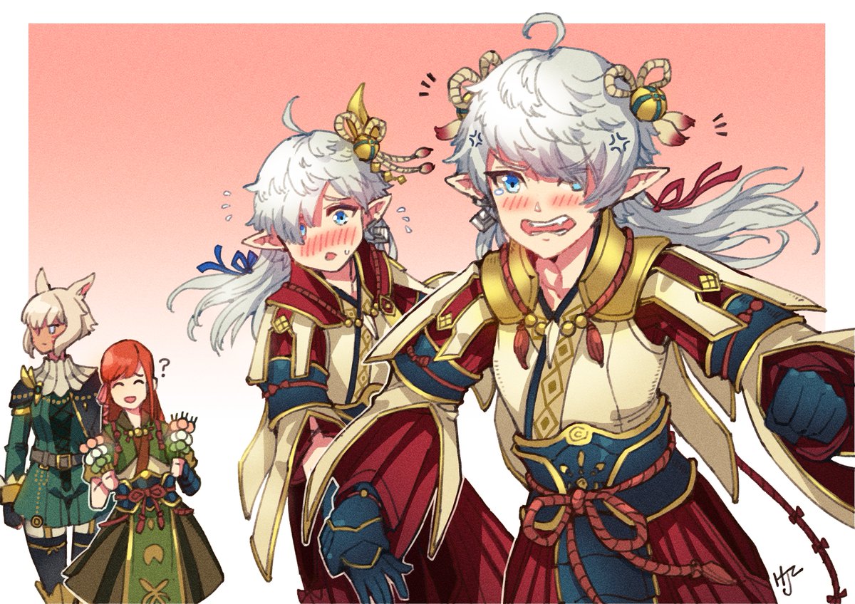 y'shtola rhul elezen elf miqo'te pointy ears multiple girls siblings blush  illustration images