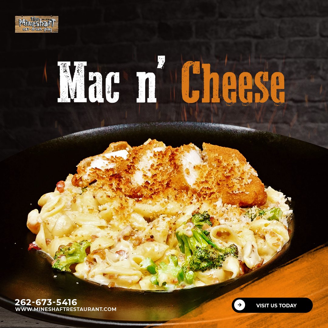 Creamy mac n’ cheese with bacon, broccoli, and choice of grilled or breaded chicken, available buffalo style and with a bread crumb topping.