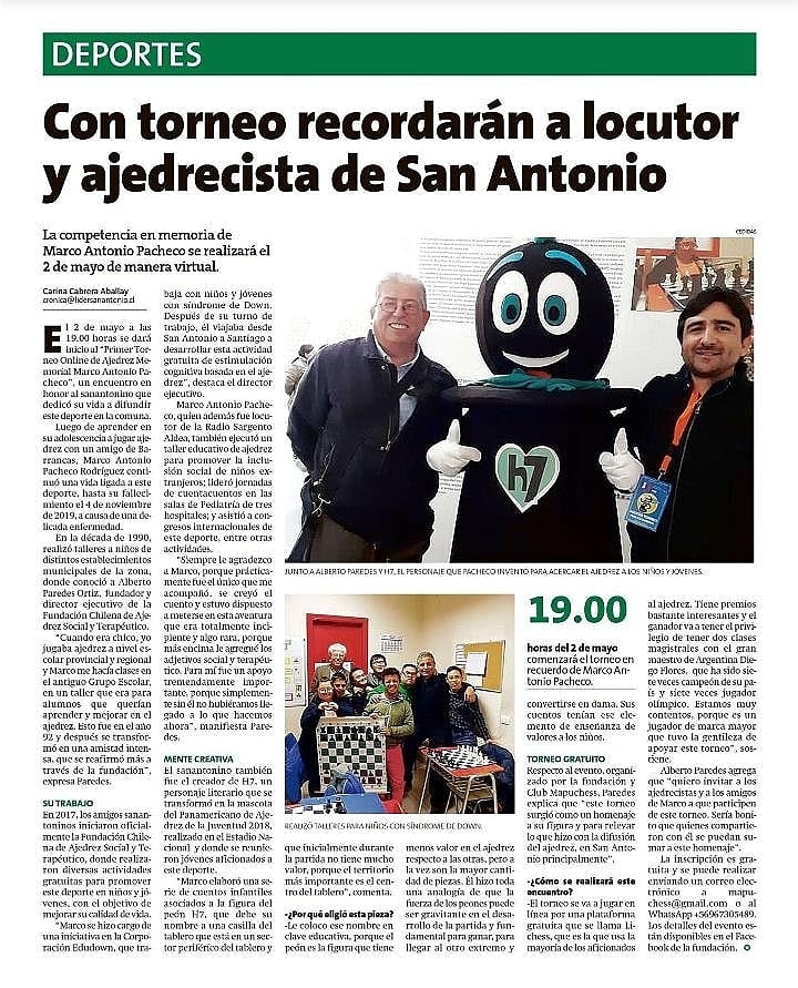 Muy agradecidos del diario Líder de San Antonio por la cobertura a nuestro torneo Memorial Marco Antonio Pacheco a realizarse el próximo domingo 02 de mayo en plataforma Lichess.🎈🎈

Inscripciones: mapuchessclub@gmail.com