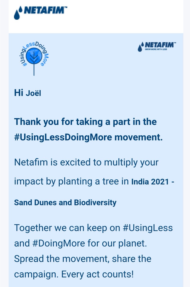 jojoNetafimfr's tweet image. Participer à #UsingLessDoingMore avec @NetafimCorp
1 arbre planté avec une action pour la planète.
Moi c'est fait, je suis allé au boulot en vélo (oui, je travaille le dimanche... 🤨💪🤣🤣🤣😇)