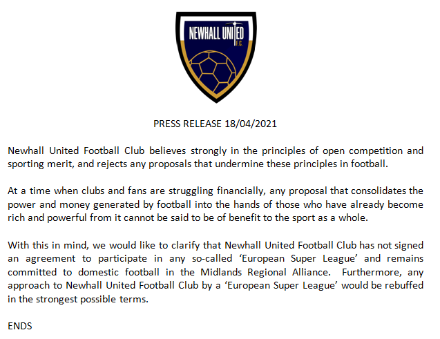 Newhall United PRESS RELEASE re #europeansuperleague 18-04-2021