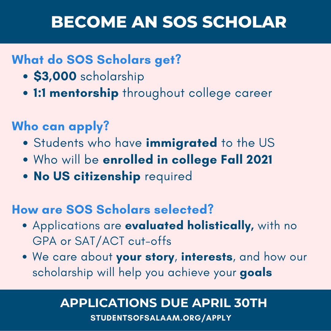 stellashimonaka's tweet photo. SCHOLARSHIP OPP! This yr at @StudentsoSalaam we’re expanding our annual class of Scholars to 4 students. 

Each Scholar will receive:
• $3,000 scholarship 
• 1:1 mentorship throughout college

Must be an immigrant to the US to apply. No US citizenship req.

App due April 30th. https://t.co/TVZdem3NFP