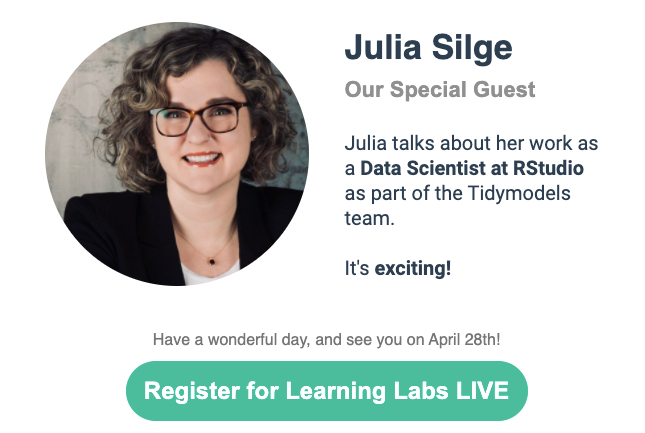 🔥 Matt Dancho (Business Science) 🔥 (@mdancho84) on Twitter photo I'm excited to announce this! <a href="/juliasilge/">juliasilge@fosstodon.org</a>, author of tidytext & the new tidy modeling books will be joining us to discuss her work at <a href="/rstudio/">RStudio</a> & the #tidymodels team. 
👉 Register Here: bit.ly/lab55-workflow…
New pkg alert: {workflowsets} 
#rstats #datascience #tidyverse I'm excited to announce this! <a href="/juliasilge/">juliasilge@fosstodon.org</a>, author of tidytext & the new tidy modeling books will be joining us to discuss her work at <a href="/rstudio/">RStudio</a> & the #tidymodels team. 
👉 Register Here: bit.ly/lab55-workflow…
New pkg alert: {workflowsets} 
#rstats #datascience #tidyverse