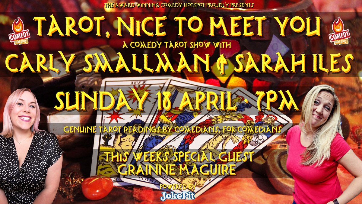 TAROT, NICE TO MEET YOU is live at 7pm 2night. We have comedy, Tarot and witchy tomfoolery. You can also have a free reading on the show. Here is the link to watch the show. --&gt;jokepit.com/online-comedy/… &lt;--<a href="/carlysmallman/">Carly Smallman</a> <a href="/Sarahiles82/">Sarah Iles</a> <a href="/GrainneMaguire/">Gráinne Maguire</a> <a href="/comedy_hotspot/">Comedy HotSpot</a> <a href="/PromoteComedy/">JokePit The Comedy Box Office</a>