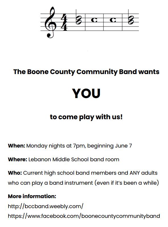 BooneCtyBand's tweet photo. We're gearing up to play again after the long break and hope you'll join us! https://t.co/crOUJ4OKHF