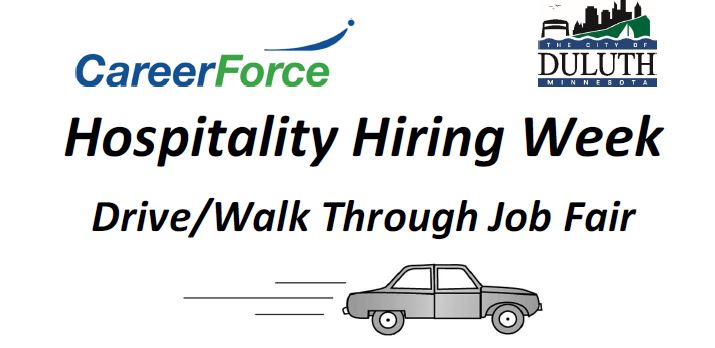 Don't miss the upcoming drive/walk through job fair on Tuesday, April 27 from 1:00-4:00 pm at the @DuluthDECC to learn about employment opportunities in Duluth’s hospitality and tourism sector. Masks are required. No need to exit your vehicle.