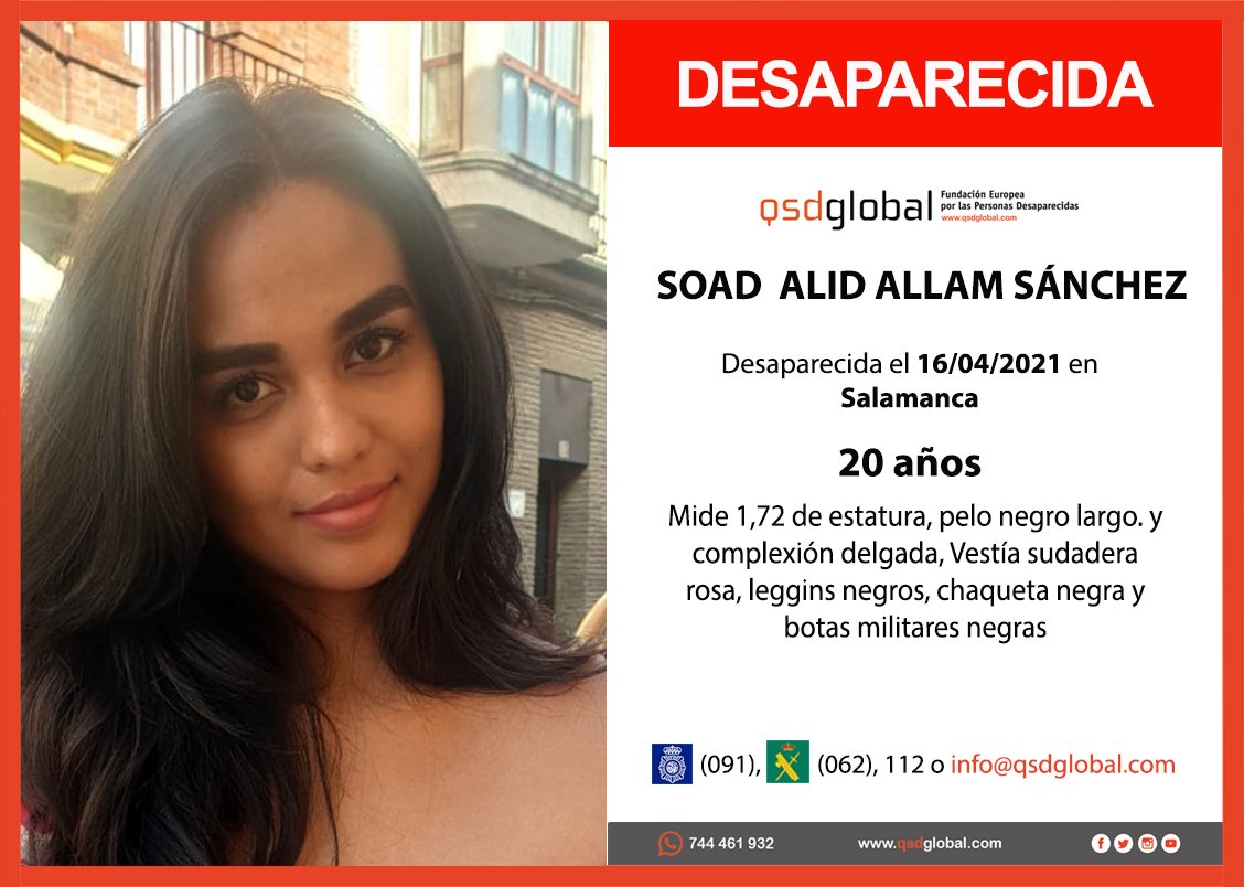 🆘️ #URGENTE⚠️
Esta Soad Alid, tiene 20 años y ha #desaparecido en #Salamanca. 
¿La has visto?
☎ #062
☎091
☎112
Dale RT, no te cuesta nada y puede ayudar mucho.