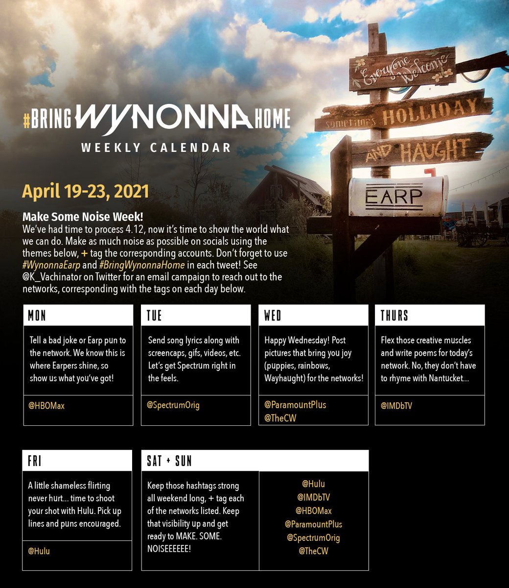 💥 Weekly Calendar Alert💥

We've had our time to process... now it's time to fight like hell and MAKE. SOME. NOISE! 

See below for daily theme ideas. Tag the network(s) listed, and use the hashtags. We've got this, Earpers. Keep going. #BringWynonnaHome #WynonnaEarp