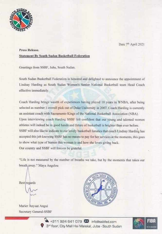 JamesWek3's tweet photo. Congratulations 4 new assignment and hope to see the wealth of experience share with our women of South Sudan. Lindsay Harding is appointed head coach of SSD women basketball
#SSDWB
#SSOT https://t.co/NQdyZ6Qnff