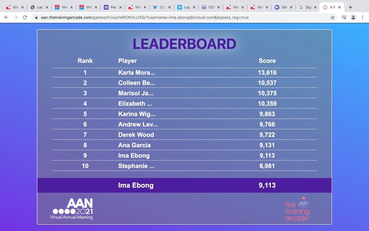 ImaEbongMD's tweet photo. My first #AANAM trivia and I placed #Top10. Thank you so much for the entertainment ⁦@MarkMilsteinMD⁩! This was a fun and educational session. 🧠💜

⁦@AANMember⁩ ⁦@UKYneuroscience⁩ ⁦@WNGtweets⁩ #neurotwitter https://t.co/auMBW8EQ4E