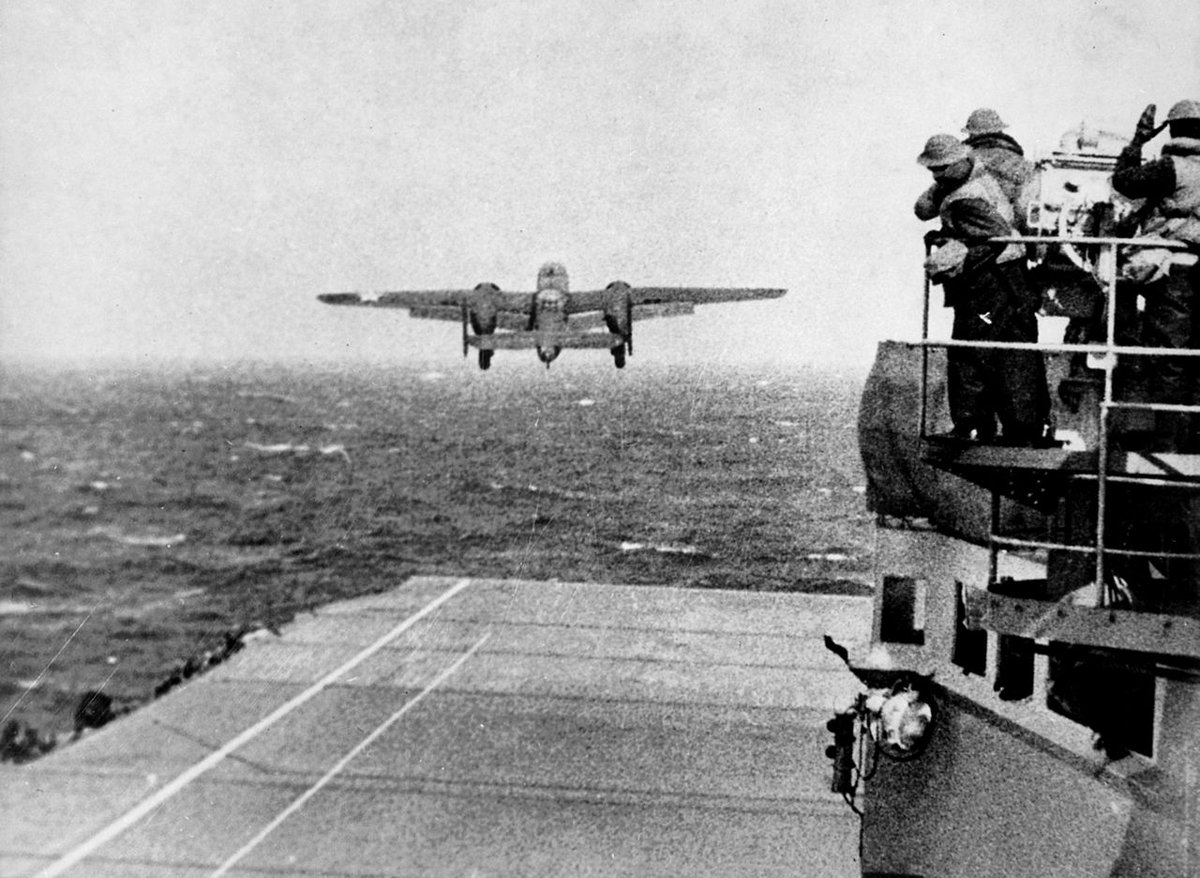 PatrickKerin1's tweet photo. April 18, 1942: Lt. Colonel Jimmy Doolittle and his raiders fly from the USS Hornet on the first retaliatory raid against Japan after Pearl Harbor. The raid inflicted minimal damage, but the boost to morale was immense. #WWII #doolittleraid #jimmydoolittle #courage https://t.co/nK9f3xhKoC