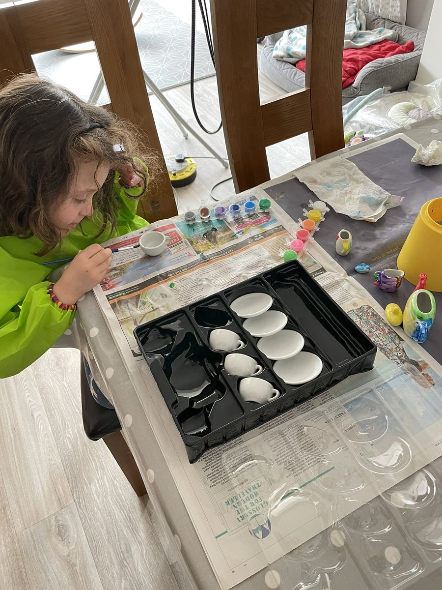 hector_becky's tweet photo. @HCS_Reception when #alphabetweekends gives you #Tt Elizabeth decided to paint a tea set, have a tea party with her dolls and spend a lot of time on the trampoline https://t.co/wEsAWtpNhb