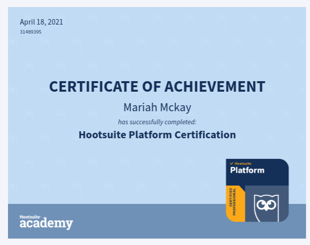 MariahGMcKay's tweet photo. Very excited to share, I am officially @hootsuite Certified.
Thank you, @eiu for integrating this certification into the Strategic Social Media Communication course and ensuring students aren't only graduating with degrees but also other relevant credentials.
#PantherPr #CMN3980 https://t.co/sPcg0Nr1rD